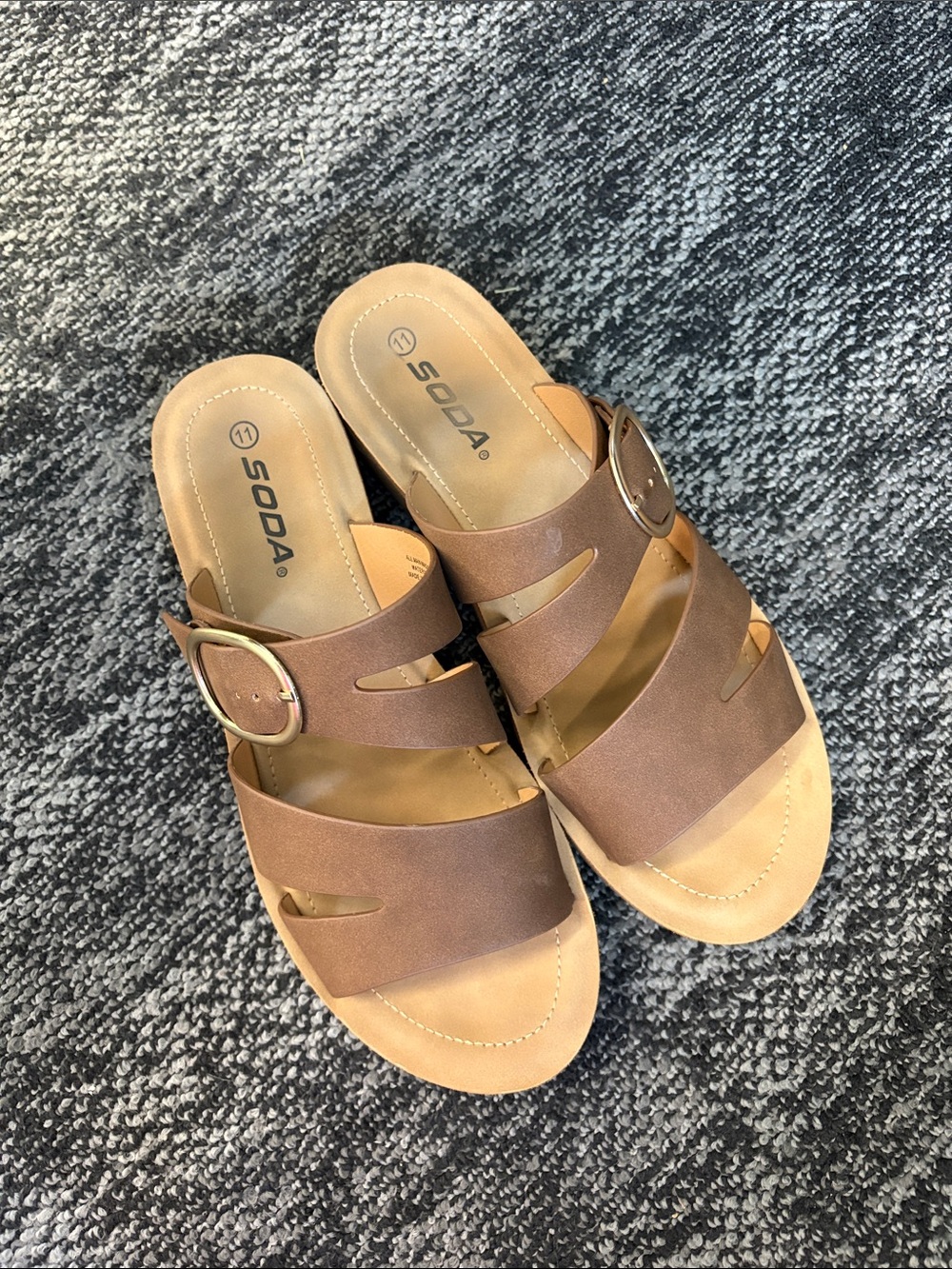 Soda Brown Double Strap Slide Sandals with Buckle